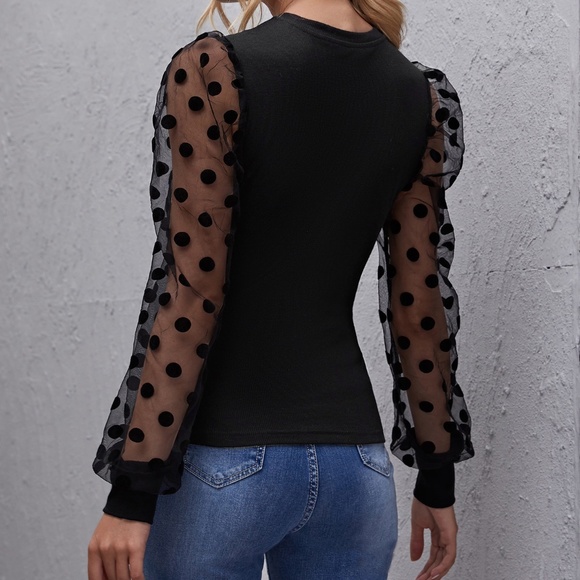 Classic Black Polka Dot Sheer Sleeve Fitted Top - Picture 2 of 6